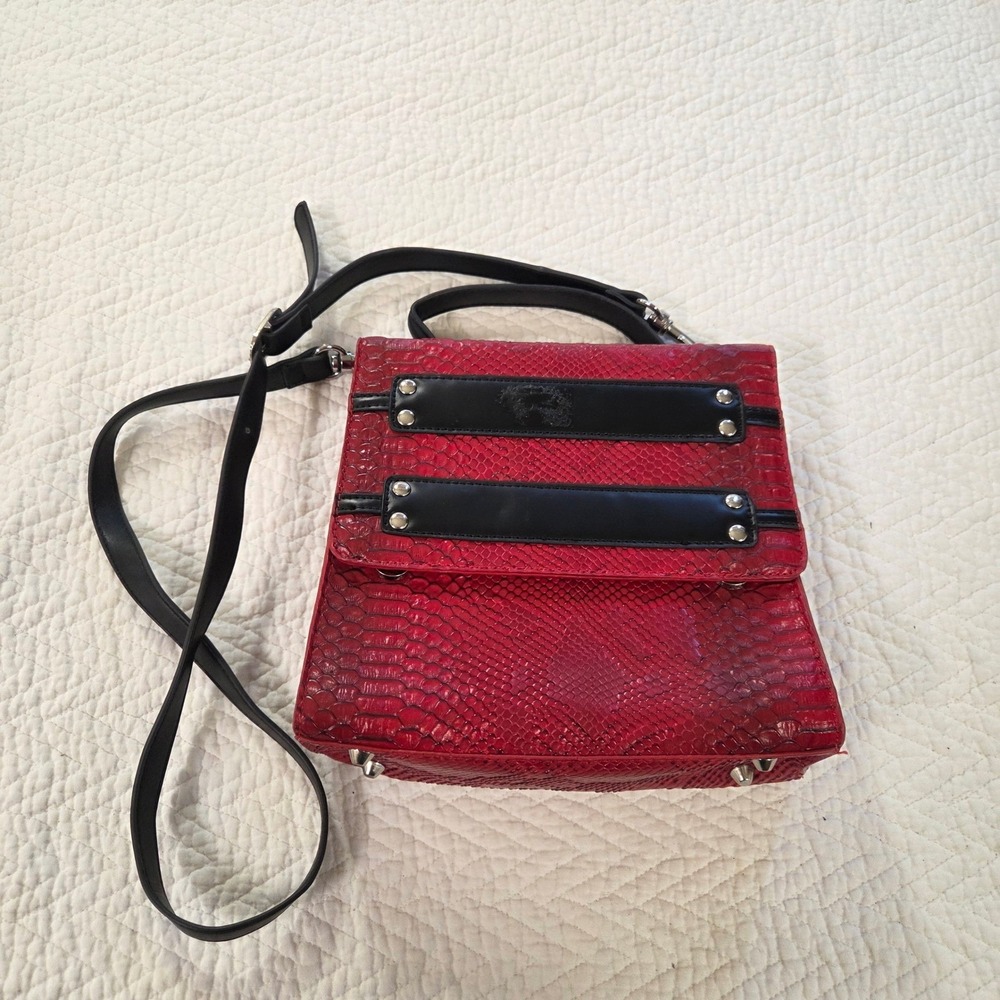 GX by Gwen Stefani‎ Red Faux Snakeskin Studded Crossbody Bag Handbag Top Handle